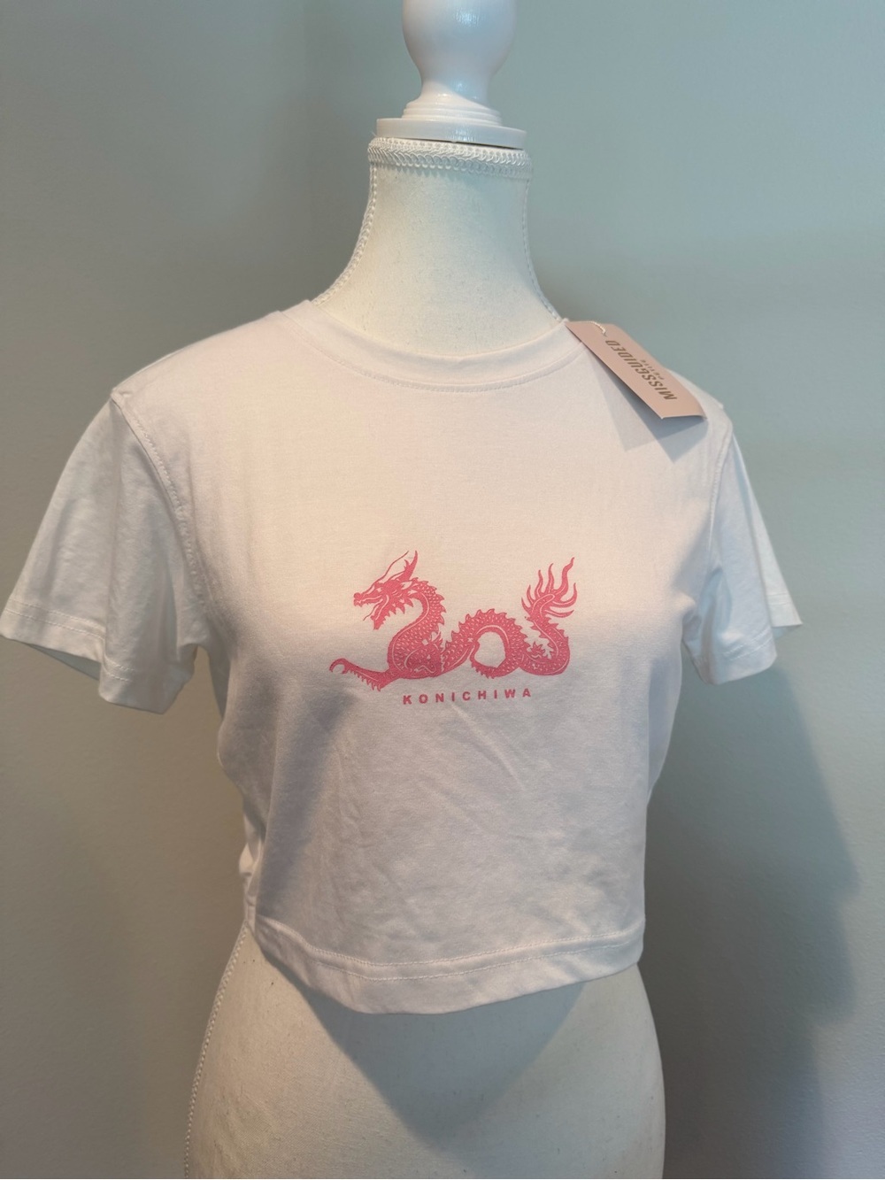 Missguided White Tee with Pink Dragon Print
